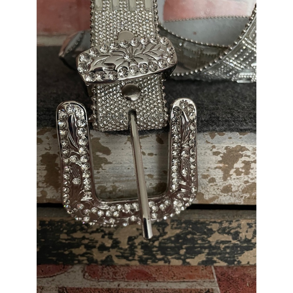 Western Rhinestone Crystal Genuine Leather Belt Silver Baguette Bling 6552 ML - Picture 2 of 5
